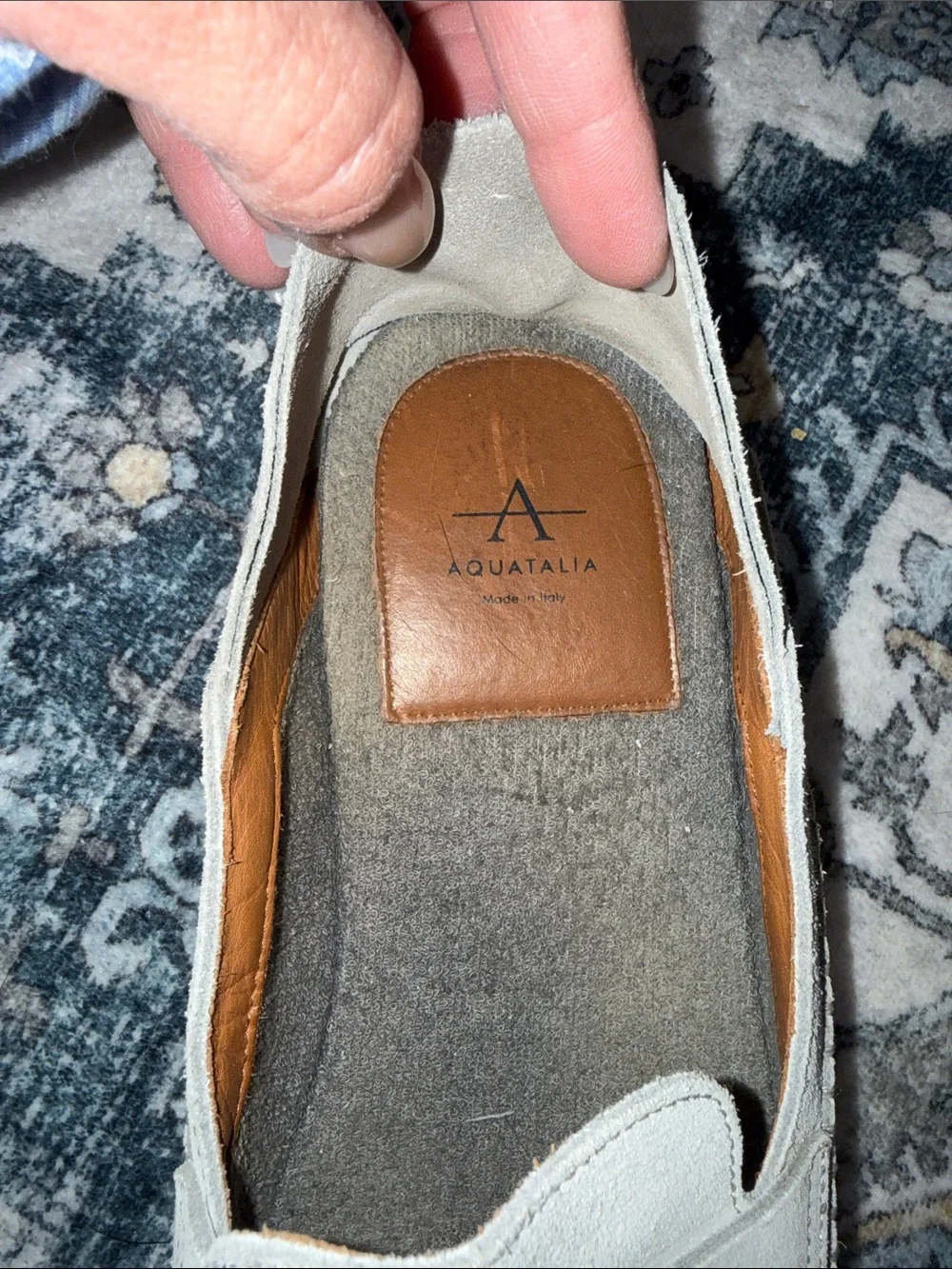 Aquatalia Nikita Italy Penny Loafer Weatherproof Soft Suede Grey Stitch Details